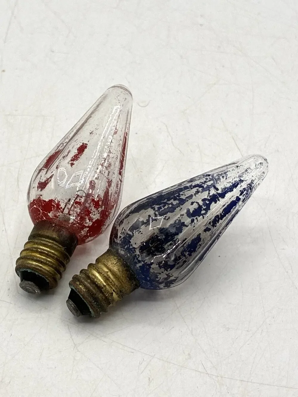 Pair Antique Mazda GE Christmas Light Bulbs Clear Glass Red Blue Faded Paint